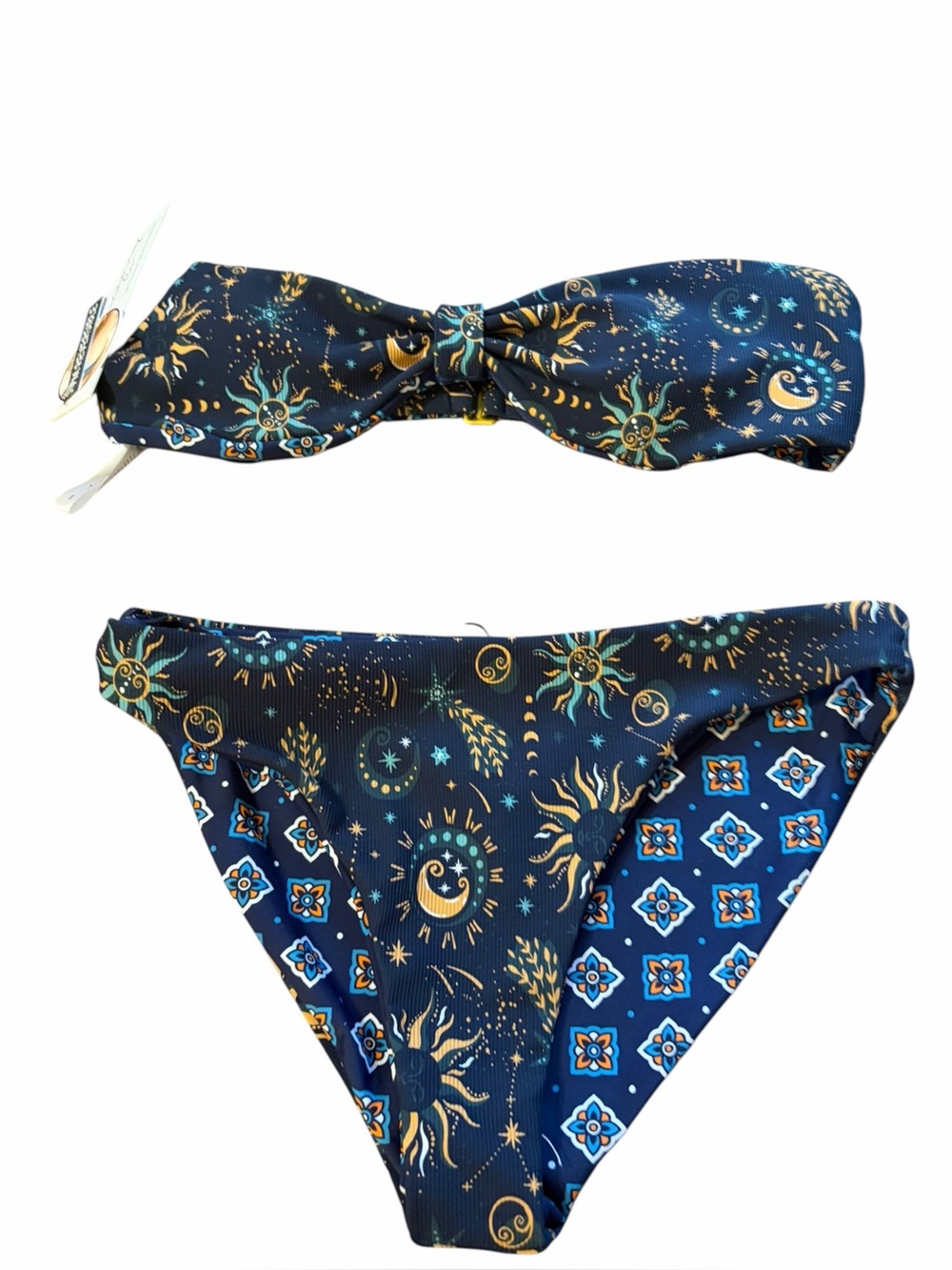 Vacancy Co. NWT  Bandeau Bikini Reversible celestial side moon & sun/floral